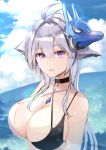  1girl akasaka_asa animal_ears antenna_hair azur_lane bare_shoulders black_choker breasts choker cleavage cloud collarbone floppy_ears fox_ears fox_mask hair_between_eyes large_breasts long_hair looking_at_viewer mask mask_on_head outdoors parted_lips purple_eyes silver_hair sky solo string_bikini tosa_(azur_lane) tosa_(hometown_zest)_(azur_lane) two-tone_bikini upper_body 