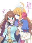  ? ahoge artist_request blue_eyes blush body_grab breasts brown_hair genderswap genderswap_(mtf) gloves grabbing grabbing_from_behind hair_ornament long_hair orange_hair pecorine princess_connect! princess_connect!_re:dive skirt tiara translation_request yuri yuuki_(princess_connect) 