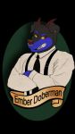  9:16 anthro badge canid canine canis clothed clothing demon digital_media_(artwork) dobermann domestic_dog ember_doberman facial_piercing gangster hi_res male mammal mr.morgans muscular muscular_male necktie nose_piercing nose_ring piercing pinscher simple_background solo standing suspenders text topwear vintage 