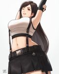  1girl black_hair breasts crop_top earrings final_fantasy final_fantasy_vii final_fantasy_vii_remake fingerless_gloves gloves jewelry large_breasts long_hair navel red_eyes sidelocks simple_background skirt smile solo stretch suspender_skirt suspenders tank_top tifa_lockhart white_background white_tank_top yuko666 