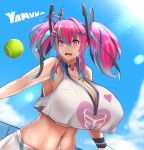  altronage aqua_hair azur_lane ball breasts bremerton_(azur_lane) bremerton_(azur_lane)_(cosplay) choker cleavage cosplay heart heart_choker highres huge_breasts idolmaster idolmaster_cinderella_girls multicolored_hair navel navel_piercing piercing pink_eyes pink_hair sportswear tennis_ball tennis_uniform twintails yumemi_riamu 