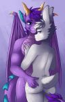  absurd_res ambiguous_gender anthro blue_eyes dragon duo fluffy fluffy_tail fur hair happy_hazard hi_res horn lagomorph leporid lord_(character) mammal purple_body purple_hair rabbit tattoo unknown_artist white_body white_fur wings 