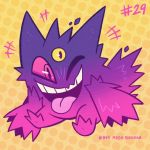  character_name commentary creature english_commentary full_body gen_1_pokemon gengar ghost inktober mega_gengar mega_pokemon no_humans number one_eye_closed pokemon pokemon_(creature) pokemon_number polka_dot polka_dot_background purple_eyes solo third_eye tonestarr tongue tongue_out 