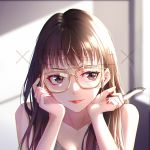  1girl artist_name bare_shoulders blurry blurry_background brown_eyes brown_hair collarbone ge_zhong_kuaile glasses glint hands_up lips long_hair looking_away nail_polish original profile red_nails sleeveless solo watermark yellow-framed_eyewear 