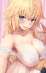  1girl babydoll bangs bare_shoulders black_bow blonde_hair blue_eyes blush bow braid breasts cleavage collarbone covered_navel fate_(series) hair_between_eyes hair_bow jeanne_d&#039;arc_(fate) jeanne_d&#039;arc_(fate)_(all) large_breasts long_hair looking_at_viewer off_shoulder open_mouth see-through smile solo untsue very_long_hair 