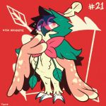  bird bird_focus character_name claws commentary creature decidueye english_commentary full_body gen_7_pokemon inktober no_humans number pokemon pokemon_(creature) pokemon_number red_background simple_background solo standing tonestarr 