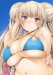  1girl :&lt; ahoge alternate_costume azur_lane bangs bare_arms bare_shoulders bikini blue_bikini blush braid breasts choker cleavage closed_mouth covered_nipples day double_bun eyebrows_visible_through_hair formidable_(azur_lane) formidable_(the_lady_of_the_beach)_(azur_lane) fumihiko_(pixiv2658856) grey_hair hand_in_hair highres indoors large_breasts long_hair looking_at_viewer navel nose_blush red_eyes shiny shiny_skin solo swimsuit twintails upper_body very_long_hair 