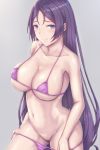  1girl absurdres bangs bare_shoulders bikini bikini_pull blush breasts closed_mouth fate/grand_order fate_(series) hair_between_eyes highres long_hair looking_at_viewer micro_bikini minamoto_no_raikou_(fate/grand_order) navel ohguro_mariya parted_bangs pubic_hair purple_bikini purple_eyes purple_hair smile solo swimsuit very_long_hair 