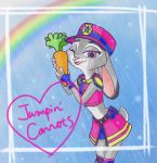  2019 anthro carrot clothed clothing dipstick_ears disney ears_down english_text female food fully_clothed fur grey_body grey_fur hat hb_runo headgear headwear holding_food holding_object judy_hopps lagomorph leporid mammal midriff multicolored_ears one_eye_closed open_mouth open_smile pivoted_ears plant purple_eyes rabbit rainbow smile solo text vegetable zootopia 