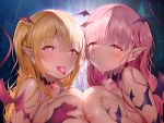 2girls :p backlighting bangs black_choker blunt_bangs blush braid breast_press breasts choker collarbone commentary_request demon_girl demon_tail demon_wings eyebrows_visible_through_hair fang from_side gloves glowing head_wings heart heart-shaped_pupils highres large_breasts looking_at_viewer looking_to_the_side multiple_girls nipples nude original pink_eyes pink_gloves pink_hair pink_wings pointy_ears red_eyes sidelocks symbol-shaped_pupils symmetrical_docking tail tongue tongue_out tongue_tattoo two_side_up upper_body wings yuzuki_tsuzuru 