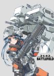  1girl absurdres battlefield_2142 blue_hair commentary english_commentary gatling_gun green_eyes helmet highres holding holding_weapon longmei_er_de_tuzi mecha science_fiction simple_background twintails weapon 