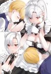  1boy 1girl apron black_dress blonde_hair breasts cigarette cleavage commentary_request dress earrings gloves highres holding jewelry kfr large_breasts long_hair maid maid_dress maid_headdress on_lap original shirt short_hair sleeping white_apron white_gloves white_hair white_shirt 