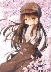  1girl :3 absurdres bangs blurry blurry_background blush brown-framed_eyewear brown_dress brown_eyes brown_hair brown_headwear cabbie_hat closed_mouth commentary_request coreytaiyo dated depth_of_field dress eyebrows_visible_through_hair flower hair_between_eyes hand_up hat highres long_hair long_sleeves original petals pink_flower plaid plaid_dress semi-rimless_eyewear signature sleeveless sleeveless_dress smile solo sweater tree_branch turtleneck turtleneck_sweater under-rim_eyewear unmoving_pattern very_long_hair white_sweater 