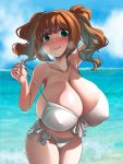  1girl alternate_breast_size bikini blush breasts brown_hair cleavage covered_nipples day frilled_bikini frills green_eyes highres huge_breasts idolmaster idolmaster_(classic) idolmaster_1 kumako_(kumakonoh) long_hair looking_at_viewer ocean shiny shiny_hair shiny_skin smile solo standing strap_pull swimsuit takatsuki_yayoi twintails white_bikini 