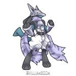  1:1 ambiguous_gender anthro armor belt black_body blue_body canid canine clothing digimon digimon_(species) fist fusion hi_res lobomon lucario mammal nintendo pok&eacute;mon pok&eacute;mon_(species) pok&eacute;mon_fusion red_eyes scarf simple_background solo video_games villiamboom1 white_background 