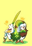  bird bird_focus commentary dartrix english_commentary gen_7_pokemon gen_8_pokemon holding holding_sword holding_weapon pokemon shield signature simple_background sirfetch&#039;d standing sword tonestarr weapon yellow_background 