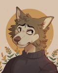  2020 anthro beastars black_nose canid canine canis cheek_tuft clothed clothing facial_tuft fluffy fur grey_body grey_fur head_tuft hi_res legoshi_(beastars) mammal moth_sprout neck_tuft plant simple_background solo tuft turtleneck wolf 