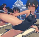  3girls black_eyes black_hair black_swimsuit blue_sky bottle cameltoe cloud commentary_request competition_swimsuit cowboy_shot crossed_arms day glasses goggles goggles_removed highleg highleg_swimsuit kickboard kuronami_(lvi) long_hair looking_at_viewer lvi multiple_girls one-piece_swimsuit one-piece_tan one_eye_closed original outdoors pocari_sweat ponytail short_hair sky solo_focus speedo_(company) stretch swimsuit tan tanline whistle whistle_around_neck 