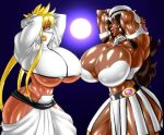  bleach blonde_hair breasts brown_hair cleavage dark_skin franceska_mila_rose green_eyes hetero highres huge_breasts long_hair tier_harribel underboob 