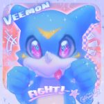  1:1 5_fingers ambiguous_gender blue_body claws digimon digimon_(species) english_text fangs fight fingers fist head_markings hi_res markings pink_eyes pwahlala solo text tongue tongue_out veemon yellow_markings 