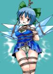  1girl arms_behind_back bdsm blue_eyes blue_hair blush bondage bound bound_arms bound_wings bound_wrists bow cirno crotch_rope hair_bow ice ice_wings lilish open_mouth panties shibari shibari_over_clothes solo striped striped_panties touhou underwear wings 