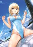  1girl absurdres aqua_eyes bangs bare_arms bare_shoulders blonde_hair blue_sky blue_swimsuit breasts building bush cleavage_cutout cloud cloudy_sky coffee-kizoku competition_swimsuit day eyebrows_visible_through_hair groin hands_up highleg highleg_leotard highleg_swimsuit highres leotard looking_at_viewer lotion medium_breasts medium_hair mele_retanagua one-piece_swimsuit open_mouth original outdoors palm_tree scan shiny shiny_clothes shiny_skin skindentation sky solo straddling swimsuit thighs tree wet 