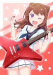  1girl ;d bang_dream! bangs blue_neckwear blue_shirt blush breasts brown_hair commentary_request electric_guitar eyebrows_visible_through_hair guitar hair_ornament hanasakigawa_school_uniform hands_up haradaiko_(arata_himeko) highres holding holding_instrument instrument long_hair looking_at_viewer neckerchief one_eye_closed open_mouth pleated_skirt plectrum purple_eyes round_teeth sailor_collar school_uniform serafuku shirt short_sleeves skirt small_breasts smile solo star star_hair_ornament starry_background teeth toyama_kasumi upper_teeth white_sailor_collar white_skirt 