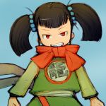  1girl alchera black_hair dragon_quest dragon_quest_iii fighter_(dq3) looking_at_viewer open_mouth red_eyes short_twintails simple_background smile solo twintails 