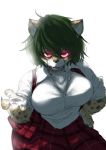  3_fingers absurd_res akira_(cookie) anthro big_breasts breasts cheetah chest_tuft clothed clothing cookie☆ felid feline female fingers fur glowing glowing_eyes green_hair hair hi_res looking_at_viewer mammal pawpads rakkaon red_eyes simple_background solo spots spotted_body spotted_fur tuft white_background 