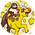  brown_eyes commentary creature english_commentary gen_2_pokemon girafarig grin no_humans pinkgermy pokemon pokemon_(creature) round_image signature smile solo yellow_eyes 