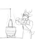 1:1 anthro antlers apron biped black_and_white cervid clothed clothing cooking cooking_pot cutlery deer_prince fingers fire food fur hair headgear headwear hi_res hladilnik holding_object hook horn kitchen_utensils male mammal monochrome simple_background sketch solo spoon standing tasting tongue tools topwear white_background 