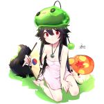  1girl animal_ears bare_shoulders black_hair blush breasts chinese_commentary closed_mouth commentary_request dated dress ejami ekko_(ejami) flag fox_ears fox_girl fox_tail jewelry long_hair looking_at_viewer maplestory mushroom necklace original red_eyes signature slime_(maplestory) small_breasts smile tail white_background 