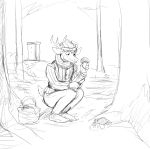  1:1 anthro antlers basket biped black_and_white bottomwear cervid clothed clothing crouching deer_prince food forest fungus hi_res hladilnik holding_object horn knife male mammal monochrome mushroom outside simple_background sketch solo topwear tree white_background 