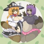  1:1 anthro belly big_belly big_breasts bottomwear breasts canid canine cleavage_cutout clothed clothing cookie☆ dot_eyes duo fake_hisui female female/female gamukami gesture hand_on_stomach hat headgear headwear leaf looking_at_viewer mammal mars_(cookie) midriff overweight overweight_female raccoon_dog scarf skirt tanuki translated_description v_sign witch_hat 