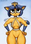  2020 angry animal_crossing ankha_(animal_crossing) anthro blue_hair breasts clothed clothing digital_media_(artwork) domestic_cat egyptian featureless_crotch felid feline felis female fingers gradient_background hair looking_at_viewer mammal nintendo short_hair simple_background solo standing striped_tail stripes uraeus video_games zazush-una 