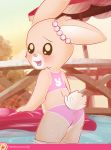  2017 blush butt fur hi_res lagomorph leporid looking_at_viewer mammal open_mouth outside partially_submerged pink_bikini pink_tongue rabbit sip_i.a. solo tongue two_tone_bikini water white_bikini young 