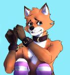  anthro bdsm bondage bound canid canine chain clothed clothing collar crossdressing cuffs_(disambiguation) fox fur girly hi_res leather legwear lindelon looking_at_viewer male mammal nude open_mouth simple_background solo stockings submissive thigh_highs 