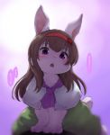  3_fingers anthro brown_hair clothed clothing cookie☆ female fingers fur hair hi_res ichigo_(cookie) japanese_text kemono lagomorph leporid looking_at_viewer mammal purple_background purple_eyes rabbit rakkaon simple_background solo text white_body white_fur young 