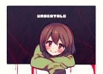  1other androgynous blood blush brown_hair chara_(undertale) closed_mouth long_sleeves looking_at_viewer oshiruko_(tsume) red_eyes shirt short_hair smile solo sweater undertale 