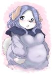  anthro breasts brown_body brown_fur canid canine canis clothed clothing domestic_dog female fur hair hi_res kemono kumoi_ichirin mammal medium_breasts nipple_outline open_mouth purple_eyes purple_hair rakkaon slightly_chubby solo touhou video_games white_body white_fur 