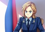  1girl blonde_hair blue_eyes closed_mouth commentary english_commentary formal looking_at_viewer meme natalia_poklonskaya necktie peach_(momozen) real_life serious short_hair solo suit uniform upper_body v-shaped_eyebrows white_background 