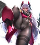  1girl akatsuki_akane blue_oath bodystocking breasts cameltoe covered_nipples high_heels large_breasts long_hair looking_at_viewer navel red_eyes scharnhorst_(blue_oath) stepped_on stepping very_long_hair white_hair 