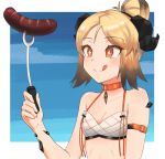  +_+ 1girl :q absurdres arknights arm_strap bare_arms bikini blonde_hair border breasts choker cleavage commentary_request eyebrows_visible_through_hair food hair_bun hand_up highres holding horns ifrit_(arknights) orange_choker ore_lesion_(arknights) outside_border radioneet red_eyes sausage small_breasts smile solo stomach swimsuit tongue tongue_out upper_body white_bikini white_border 