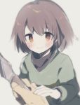  2others androgynous blush brown_eyes brown_hair chara_(undertale) closed_mouth knife looking_at_viewer multiple_others oshiruko_(tsume) shirt short_hair simple_background smile striped striped_shirt sweater undertale 