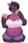  anthro belly_overhang bottomwear breasts burger cleavage clothed clothing curvy_figure eating fangs felid feline female food fur hair hi_res kate_(tach0012) mammal midriff multicolored_body multicolored_fur navel open_mouth purple_body shorts slightly_chubby solo stained_clothing stripes tweedabop wide_hips yellow_eyes 