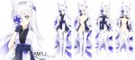  1girl animal_ear_fluff animal_ears artist_name azur_lane bandaged_leg bandages bangs bed_sheet black_bow black_gloves black_kimono blue_eyes blush bow breasts commentary_request dakimakura eyebrows_visible_through_hair fingers_together gloves hair_over_one_eye hands_up highres japanese_clothes kasumi_(azur_lane) kimono long_hair multiple_views navel nipples no_shoes on_bed parted_lips pussy ribbon-trimmed_sleeves ribbon_trim sample small_breasts smile thighhighs verjuice very_long_hair white_hair white_kimono white_legwear wide_sleeves 