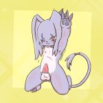  1:1 claws collar digimon digimon_(species) erection felid fur gazimon genitals hi_res hybrid lagomorph looking_at_viewer male mammal nipples nude penis raised_arm red_eyes redbright simple_background smile solo 