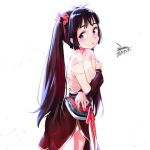  1girl black_hair blush breasts cleavage dated dress ejami fate_seeker long_hair looking_at_viewer open_mouth scar simple_background solo twintails white_background 