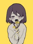  1other androgynous blush chara_(undertale) flower looking_at_viewer open_mouth oshiruko_(tsume) sexually_suggestive shirt short_hair simple_background solo spot_color sweater undertale yellow_theme 