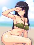  1girl bangs beach bikini blue_sky blunt_bangs blurry blurry_background bottomless breasts brown_eyes brown_hair closed_mouth cloud cloudy_sky commentary_request day depth_of_field english_text followers green_bikini half-closed_eyes large_breasts light_frown long_hair looking_to_the_side mature nishizumi_shiho oosaka_kanagawa outdoors shading_eyes skindentation sky solo sweat swimsuit 